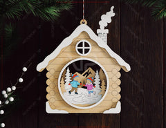 3D Layered Wooden House Christmas Ornament Cozy Winter Cabin with | Laser Cut Shadow Box Digital Download |#U646|