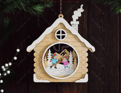3D Layered Wooden House Christmas Ornament Cozy Winter Cabin with | Laser Cut Shadow Box Digital Download |#U646| VectorPort