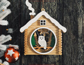 Christmas Ornament Wooden House Layered Cozy Winter Cabin with Owl, Santa, Kids | Laser Cut Shadow Box Digital Download |#U649|
