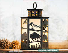 Majestic Buffalo Wildlife Lantern Horns, Prairie & Wildlife Panels Candle Holder Lamp Digital Download |#U658| VectorPort