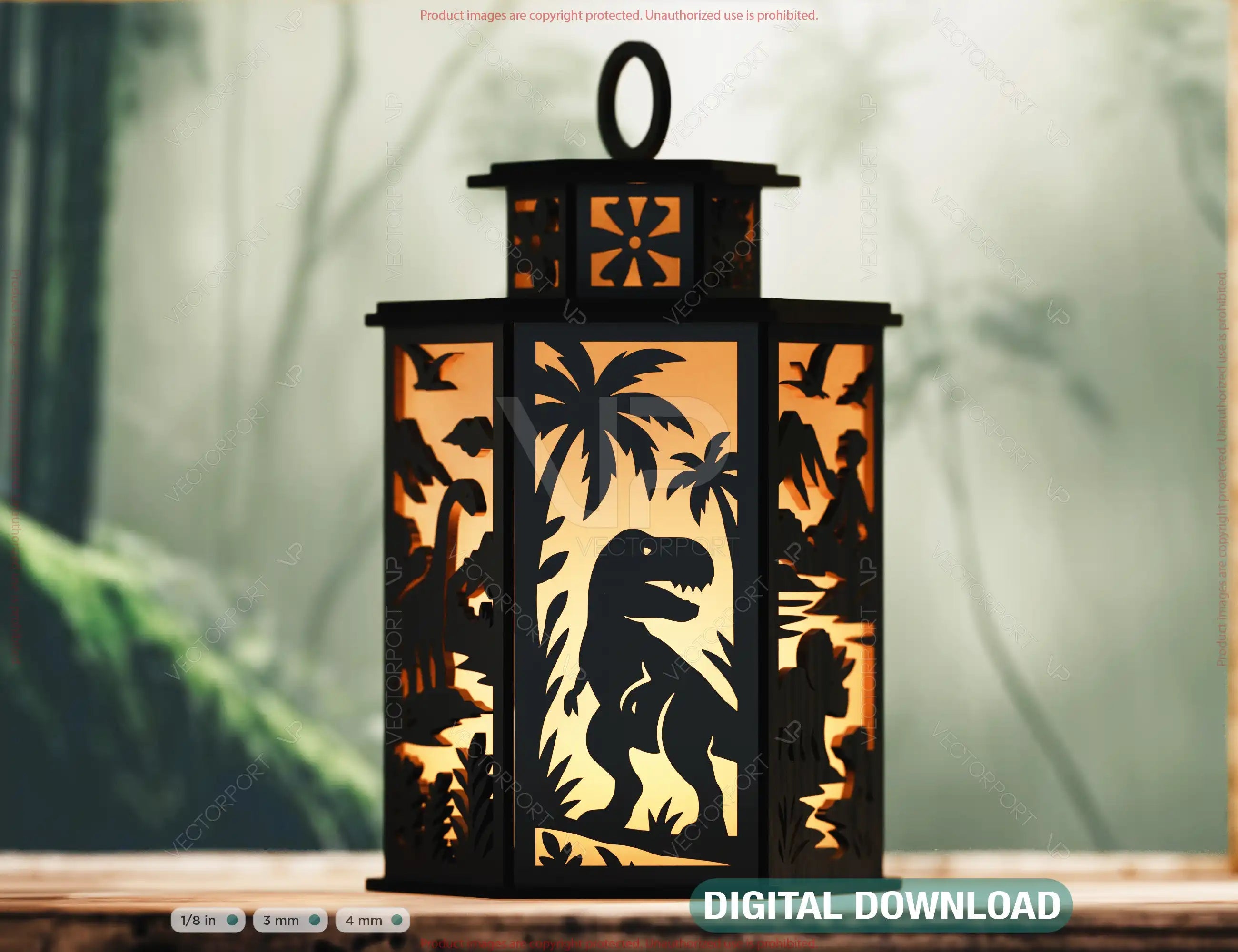 Prehistoric Dinosaur World Lantern T-Rex, Triceratops & Stegosaurus Panels | Jurassic Candle Holder Lamp Digital Download |#U671| VectorPort