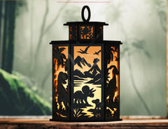 Prehistoric Dinosaur World Lantern T-Rex, Triceratops & Stegosaurus Panels | Jurassic Candle Holder Lamp Digital Download |#U671| VectorPort