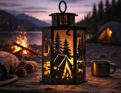 Campfire Adventure World Lantern – Camping Theme Forest, Tent & Campfire| Outdoor Candle Holder Lamp Digital Download |#U682| VectorPort