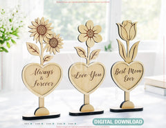 Heart Wooden Decor – Laser Cut Standing Flower Sign with Engraved Message Tulip, Rose Digital Download |#U684|