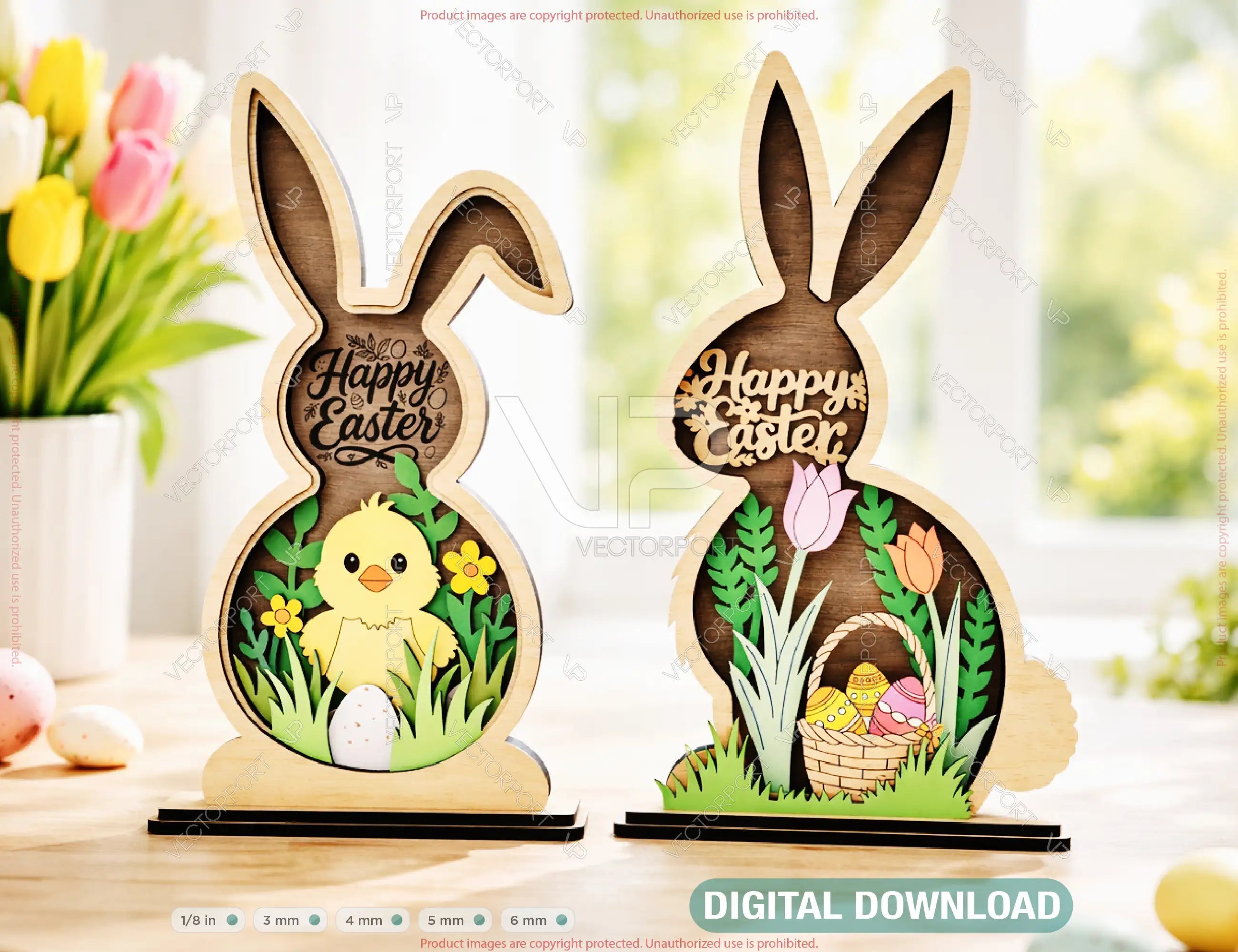 Wooden Easter Bunny Decor SVG | Layered Bunny Shadow Box | Happy Easter Laser Cut Design | Spring Bunny Ornament Digital Download |#U688| VectorPort