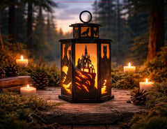 Fantasy Lantern SVG | Dragon & Wizard Laser Cut Lantern | Shadow Box Candle Lantern | Gothic Castle Light Box Digital Download |#U698|