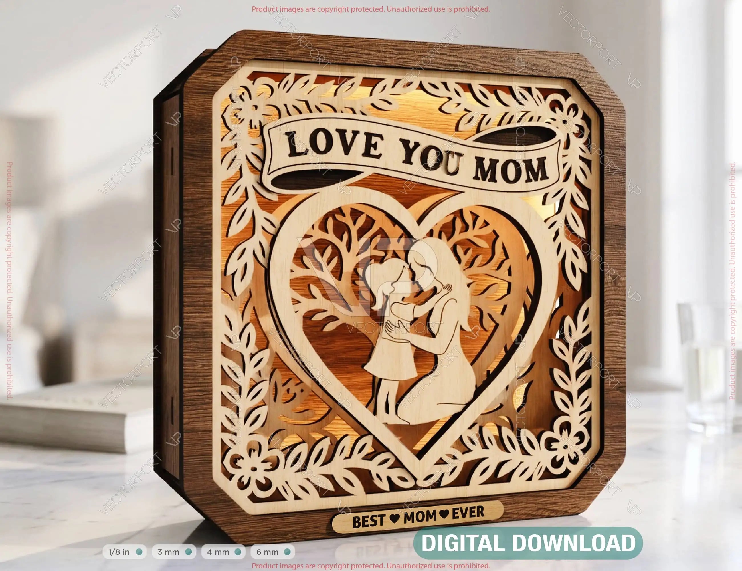 Personalized LED Wooden Shadow Box – Mother & Child Light – Laser Cut Layered Mom Gift Digital Download |#U712| VectorPort
