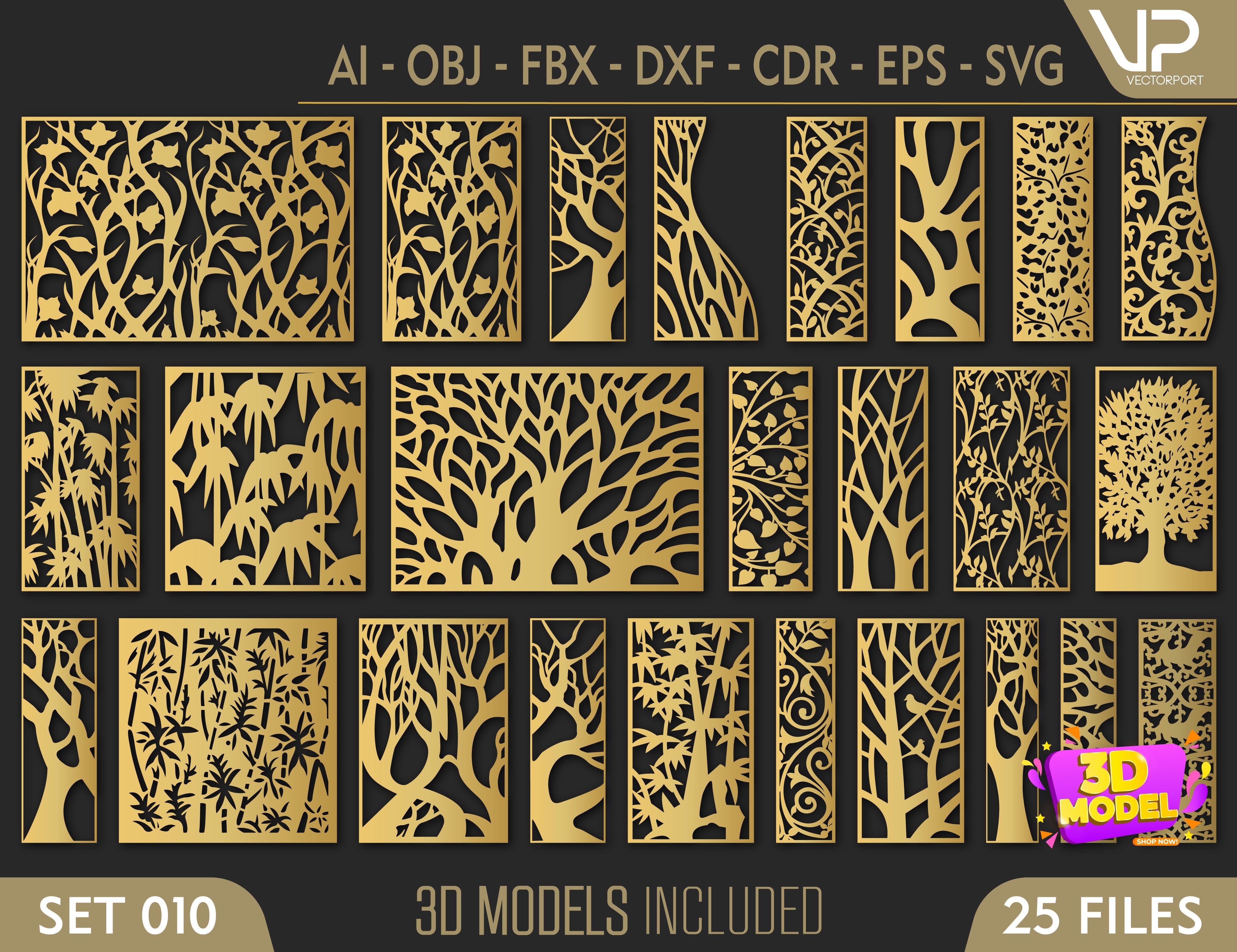 Tree Ornaments for decorative partitions panel screen CNC Laser Cutting File | SVG, DXF, AI |#C010| VectorPort