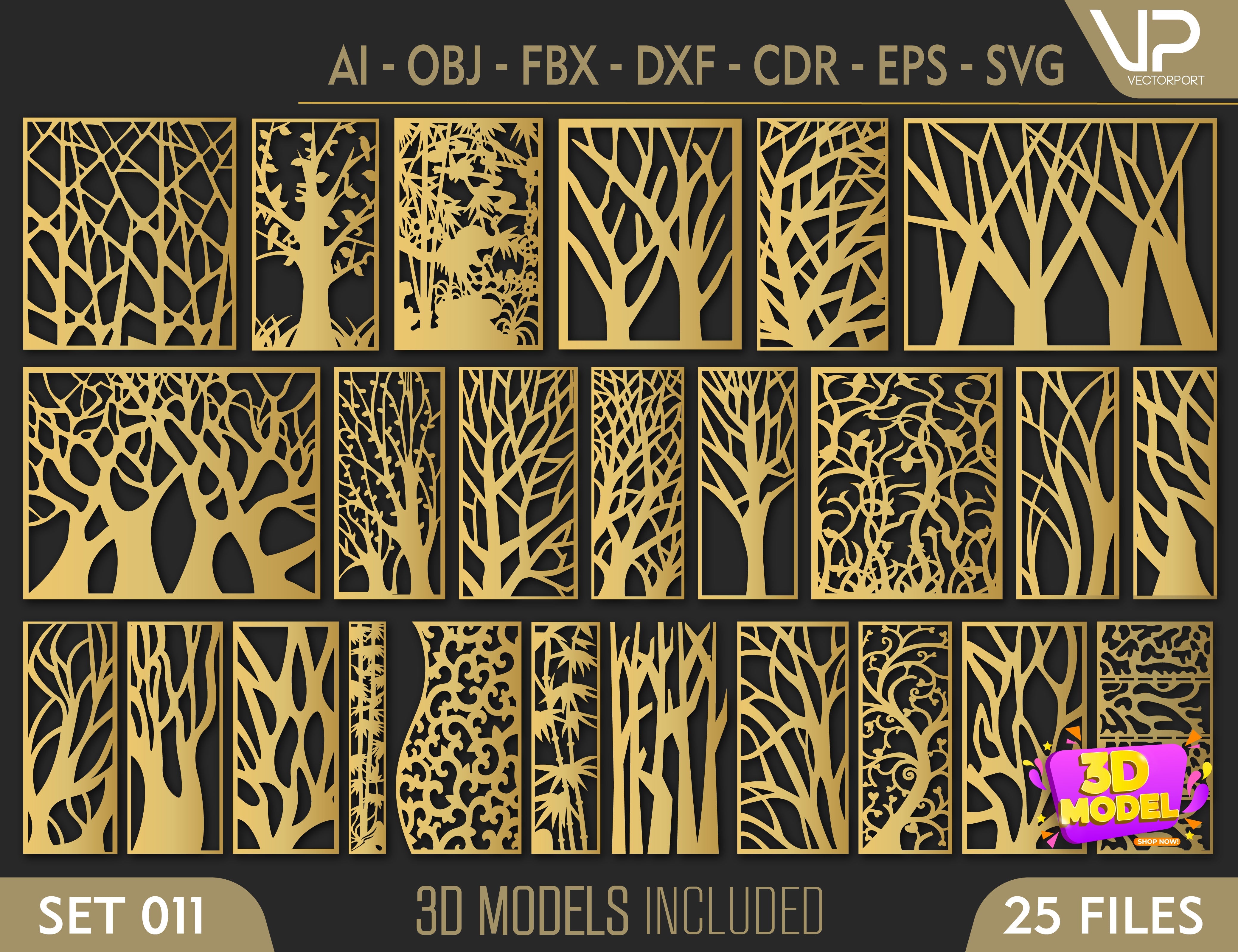 Tree Ornaments for decorative partitions panel screen CNC Laser Cutting File | SVG, DXF, AI |#C012| VectorPort