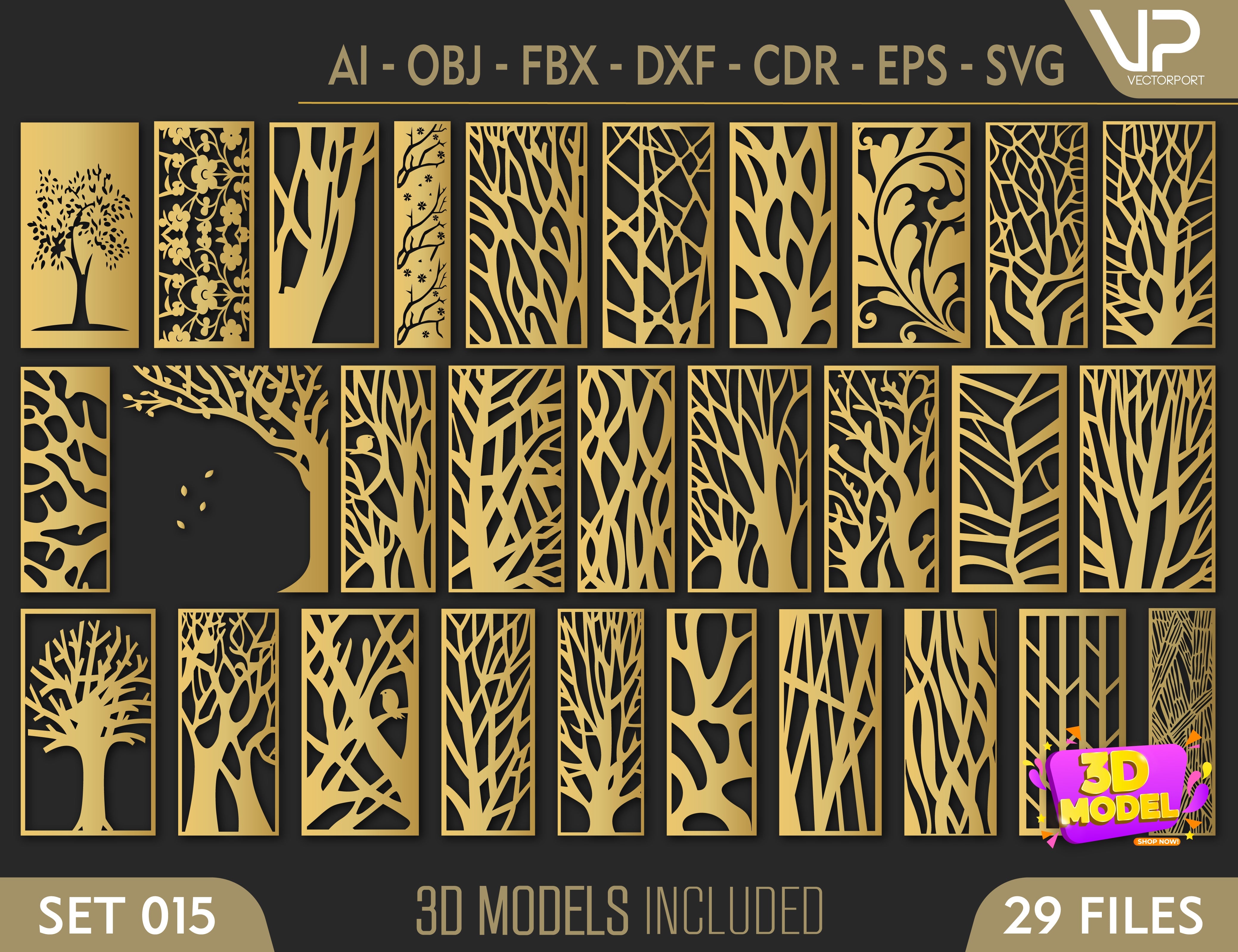 Tree Ornaments for decorative partitions panel screen CNC Laser Cutting File | SVG, DXF, AI |#C015| VectorPort