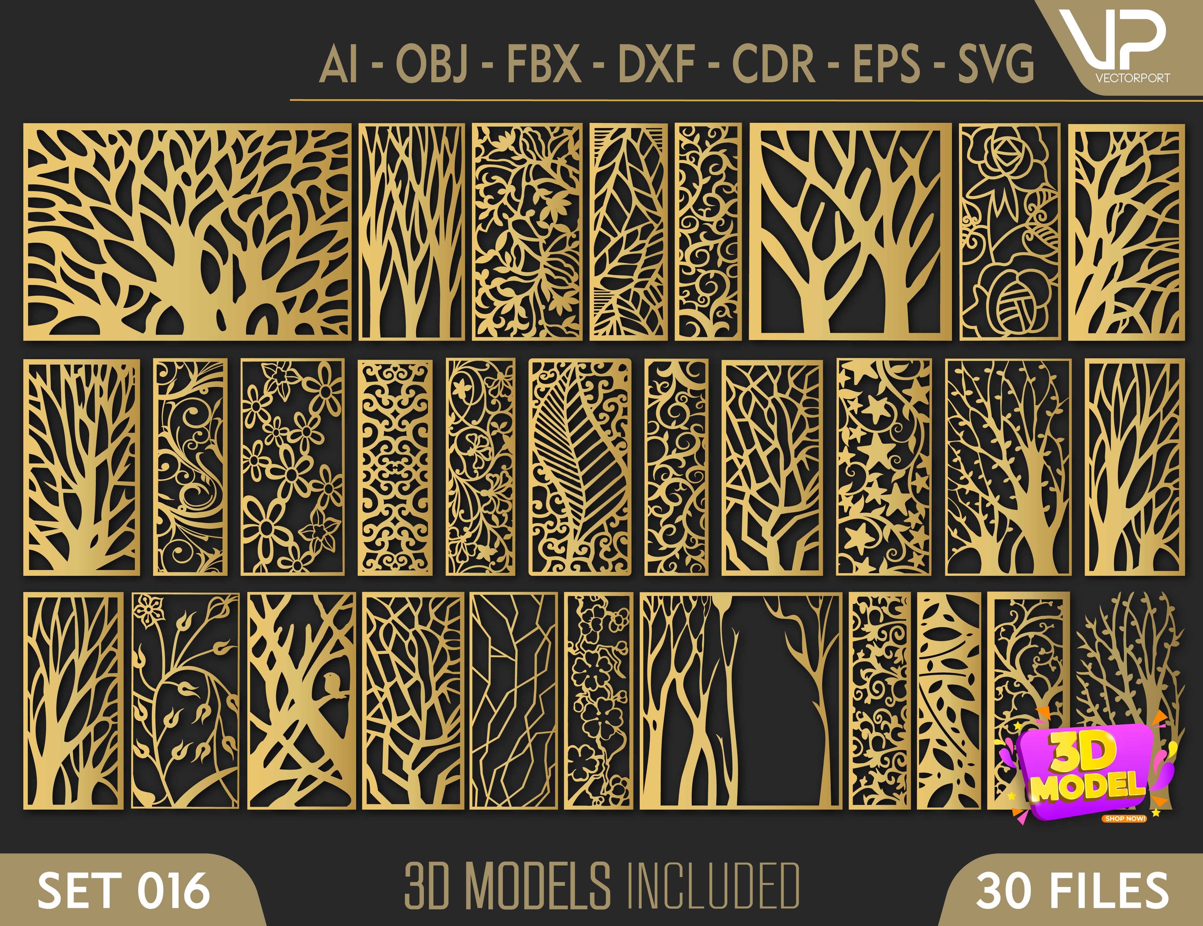 Tree Ornaments for decorative partitions panel screen CNC Laser Cutting File | SVG, DXF, AI |#C016| VectorPort