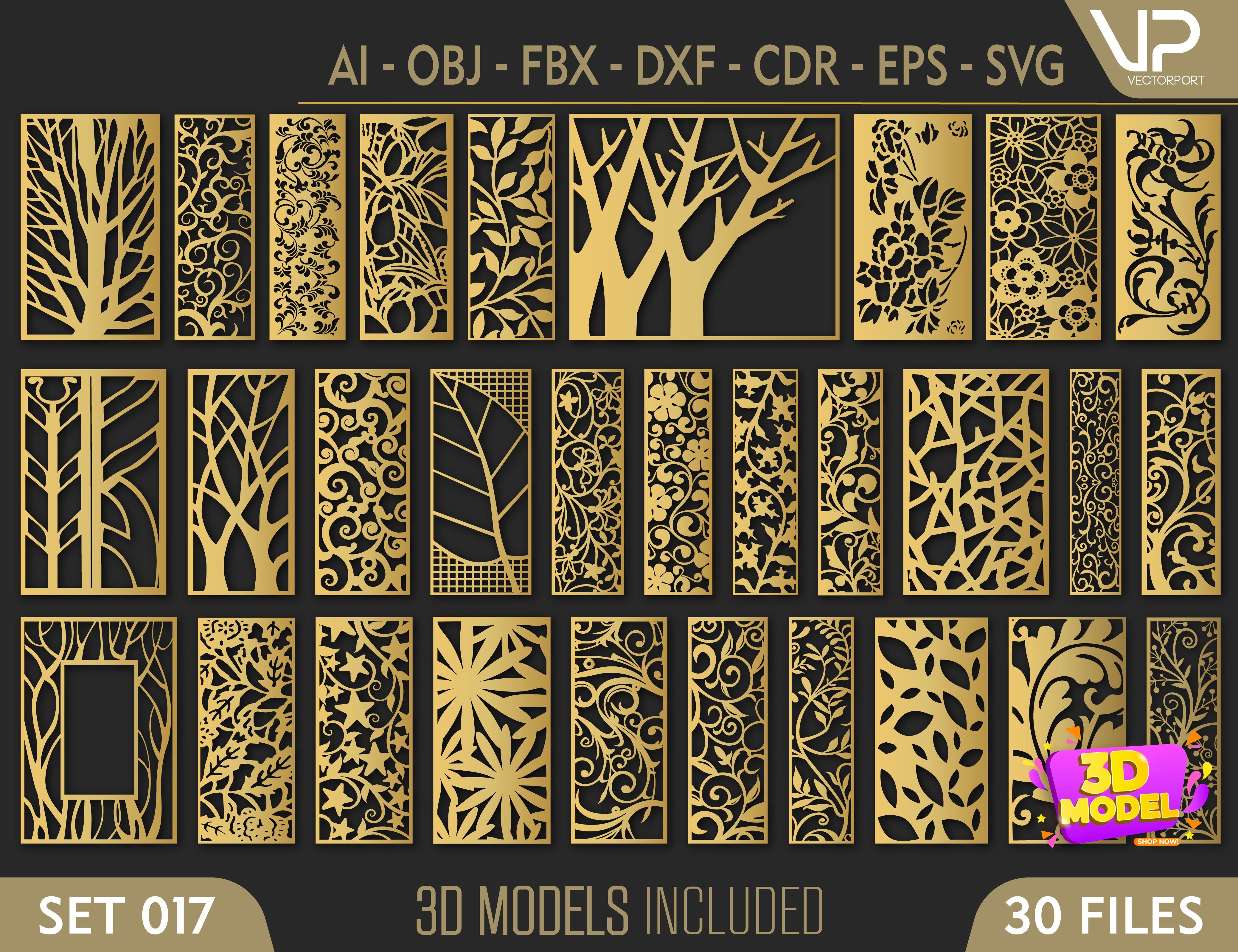 Tree Ornaments for decorative partitions panel screen CNC Laser Cutting File | SVG, DXF, AI |#C017| VectorPort