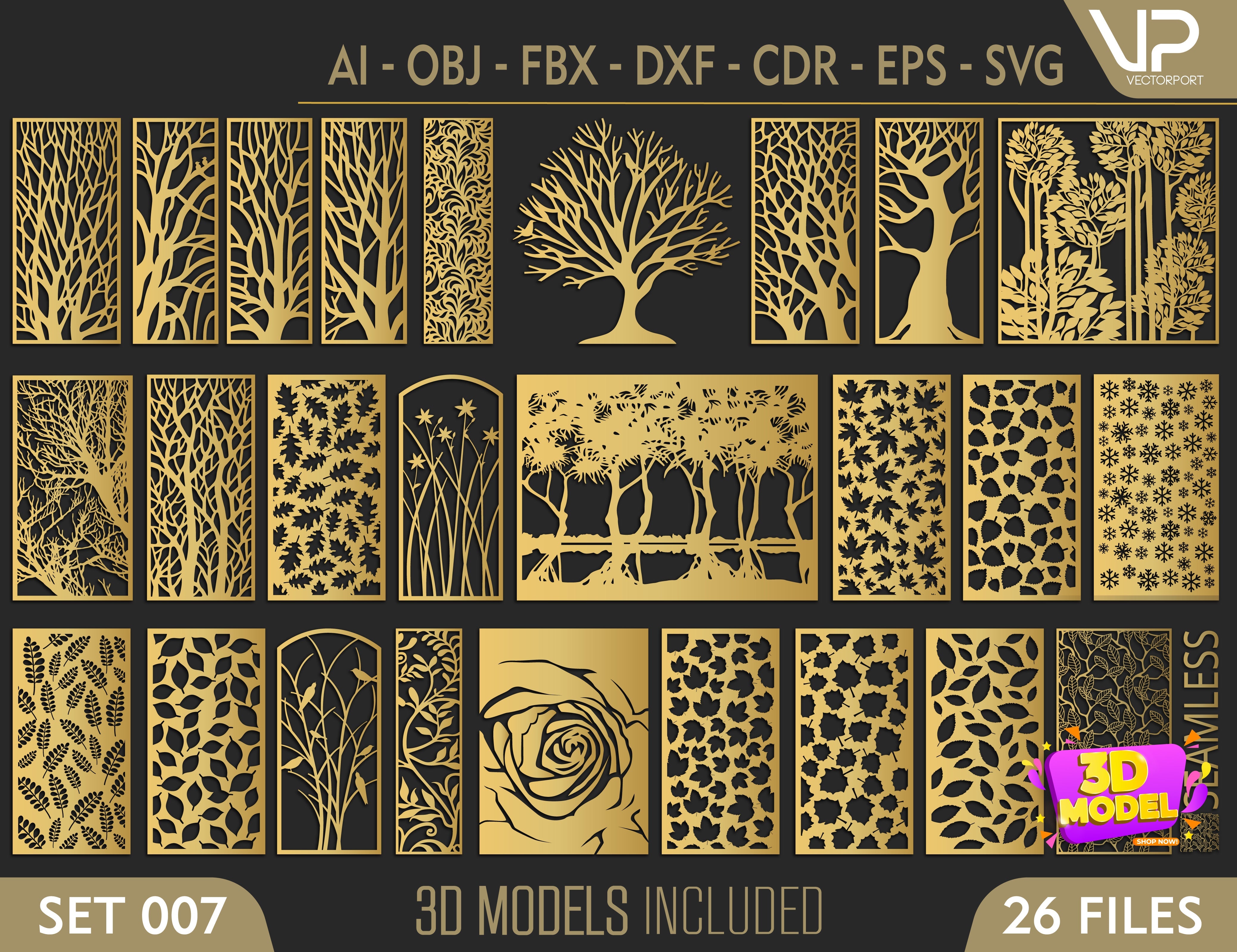 Tree Ornaments for decorative partitions panel screen CNC Laser Cutting File | SVG, DXF, AI |#C007| VectorPort