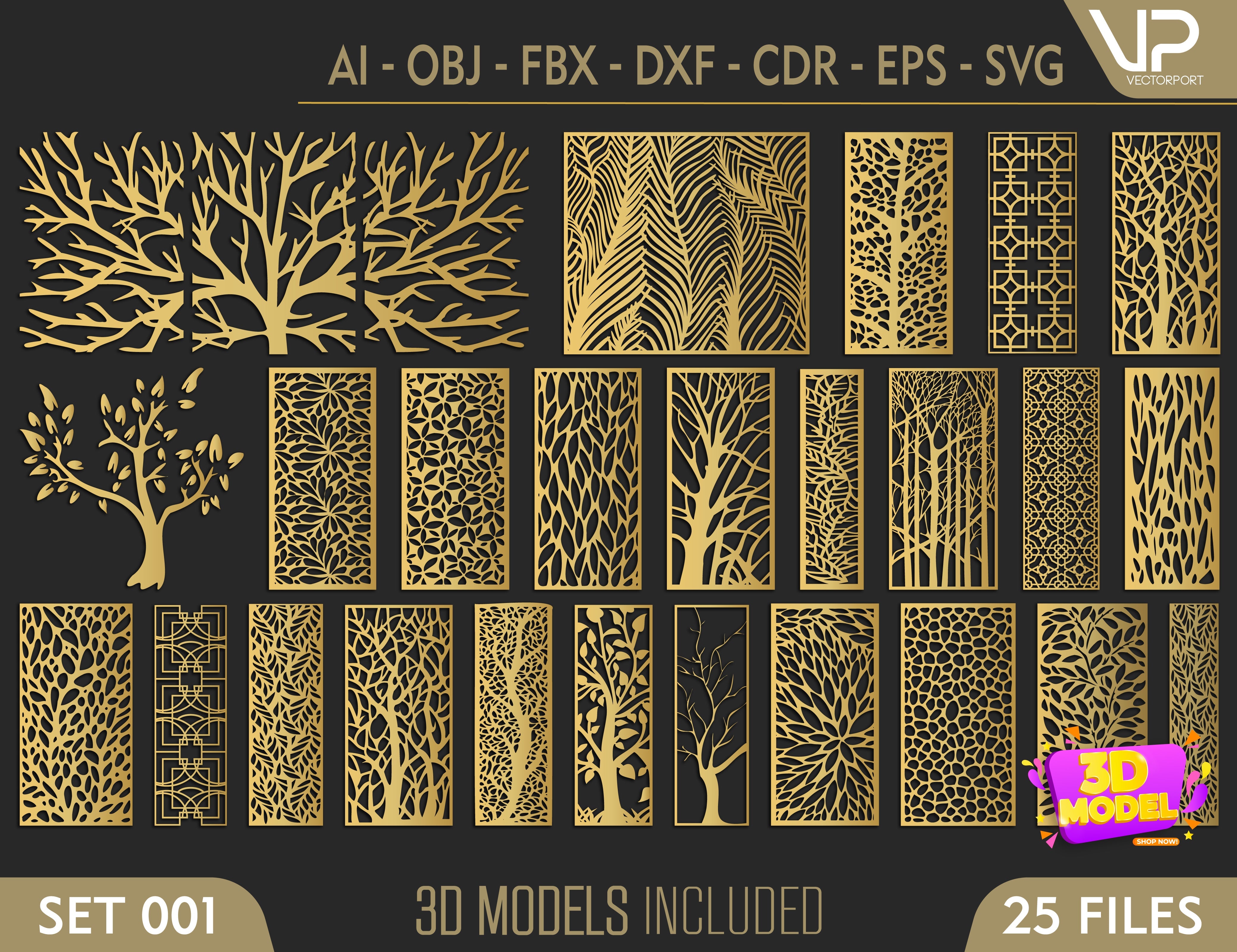 Tree Ornaments for decorative partitions panel screen CNC Laser Cutting File | SVG, DXF, AI |#C001| VectorPort