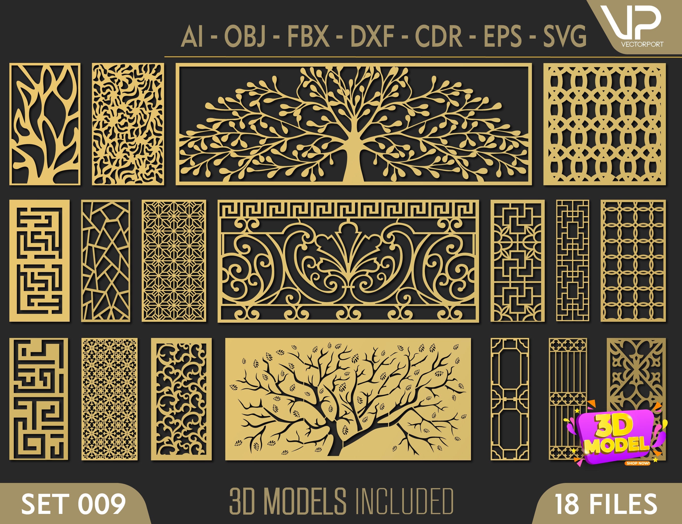Tree Ornaments for decorative partitions panel screen CNC Laser Cutting File | SVG, DXF, AI |#C009| VectorPort
