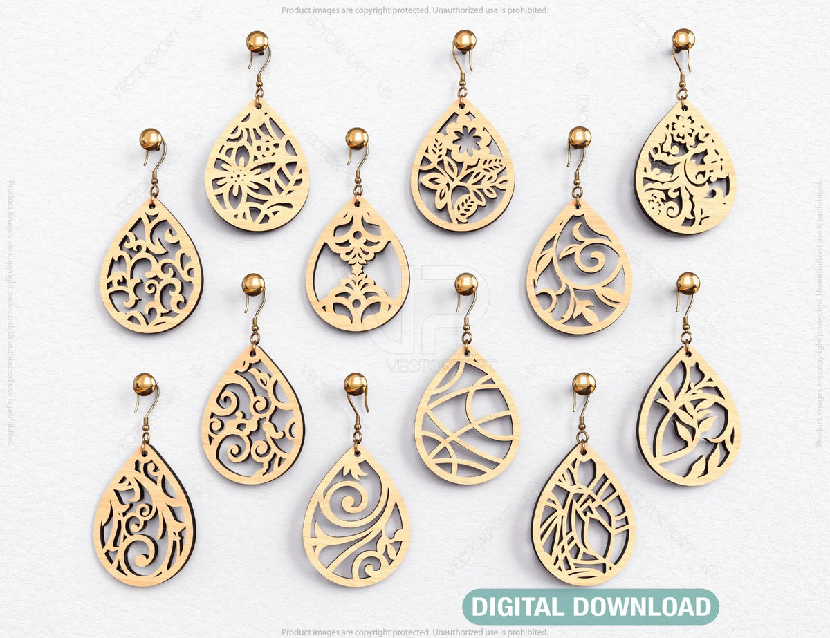 Floral Earrings bundle Laser Cut SVG dxf tear drop templates for Women Jewelry Wooden Glowforge Pendants |#U001|