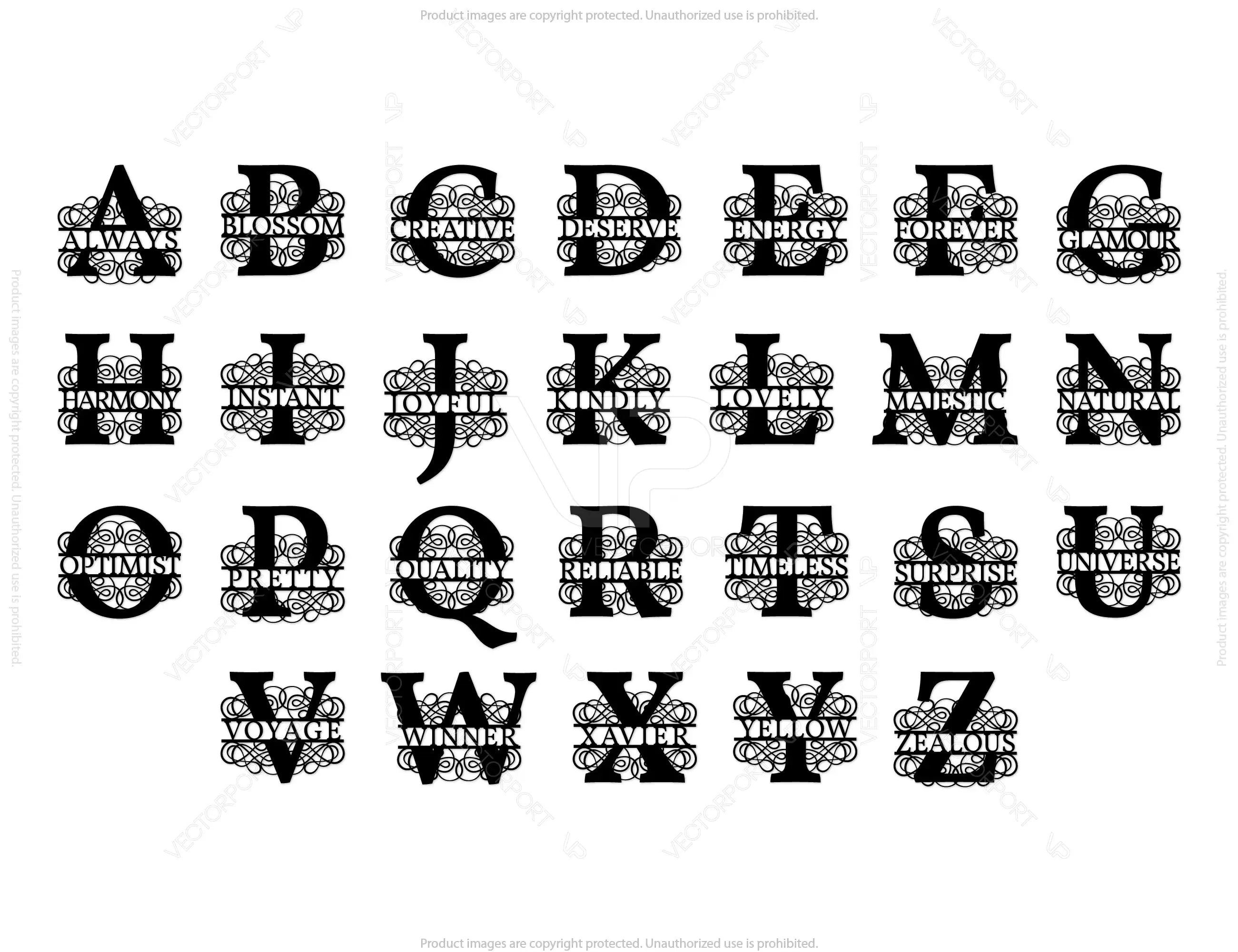 Split Regal Monogram Alphabet Letters Laser Cut Files | SVG, DXF, AI |#028|