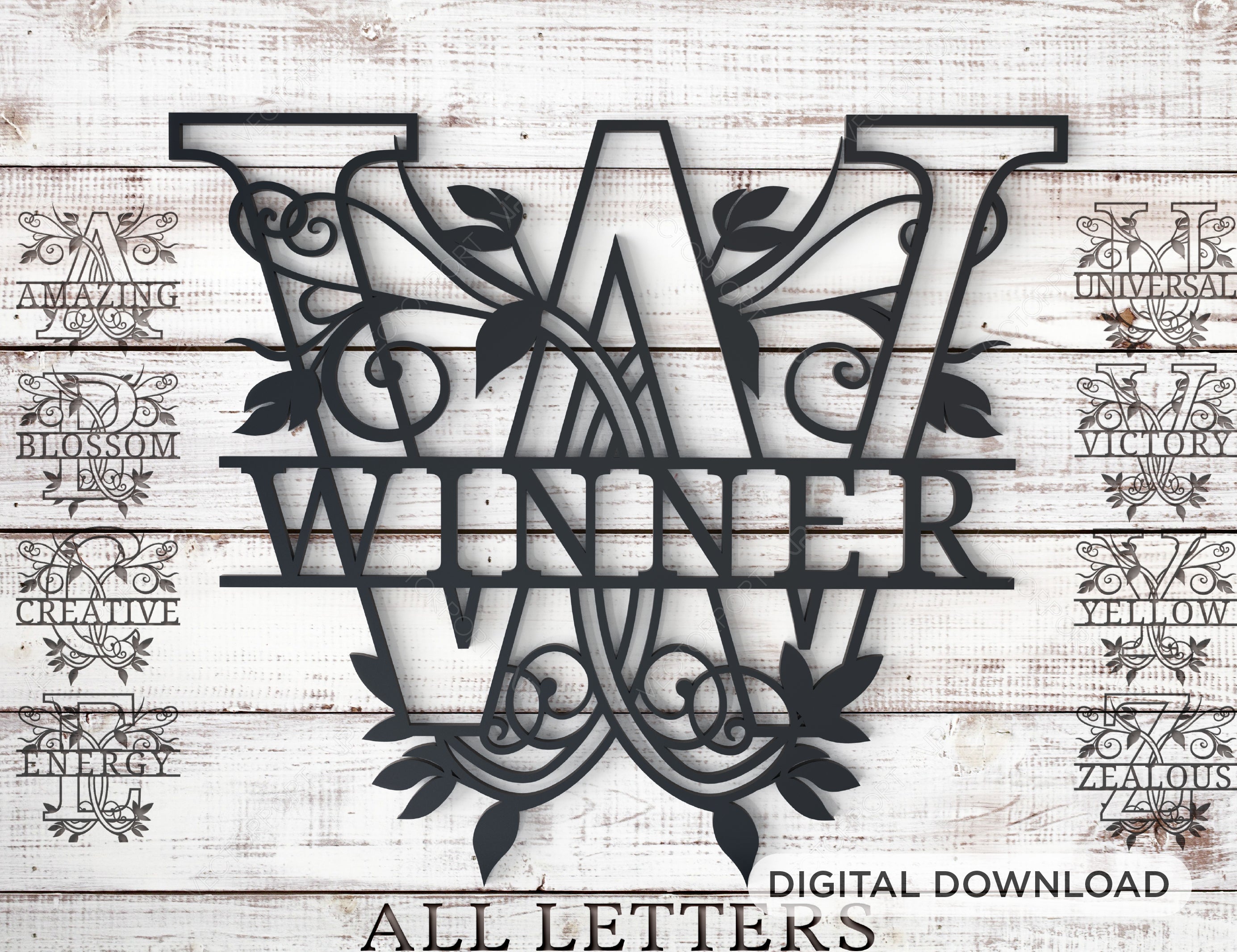 Floral Split Regal Monogram Alphabet Letters Laser Cut Files | SVG, DXF, AI |#029|