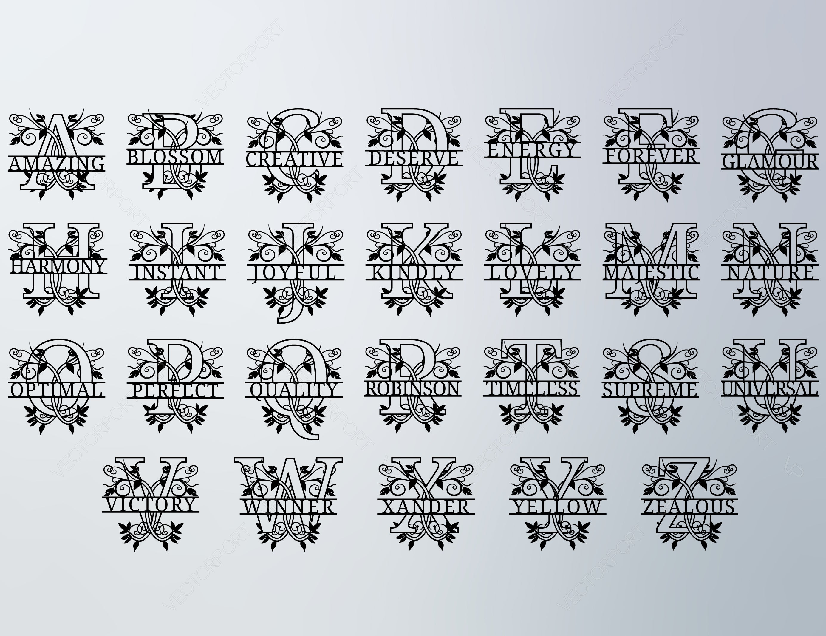 Floral Split Regal Monogram Alphabet Letters Laser Cut Files | SVG, DXF, AI |#029|