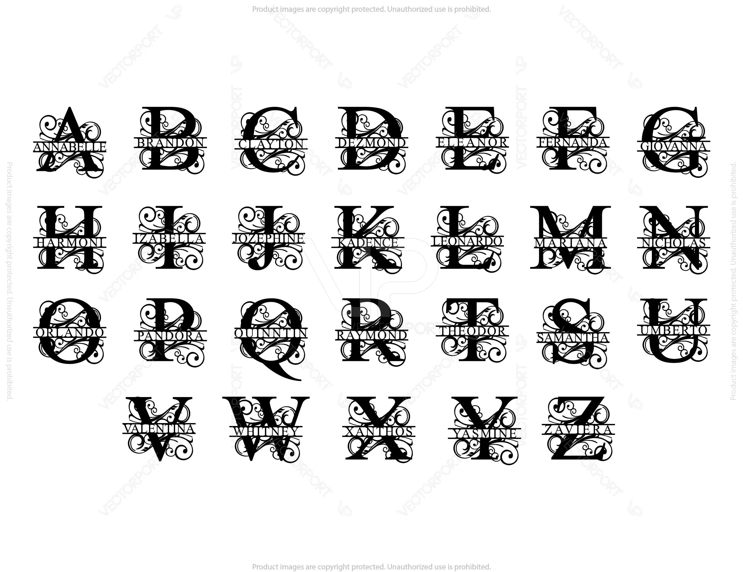 Split Regal Monogram Alphabet Letters Laser Cut Files | SVG, DXF, AI |#030|