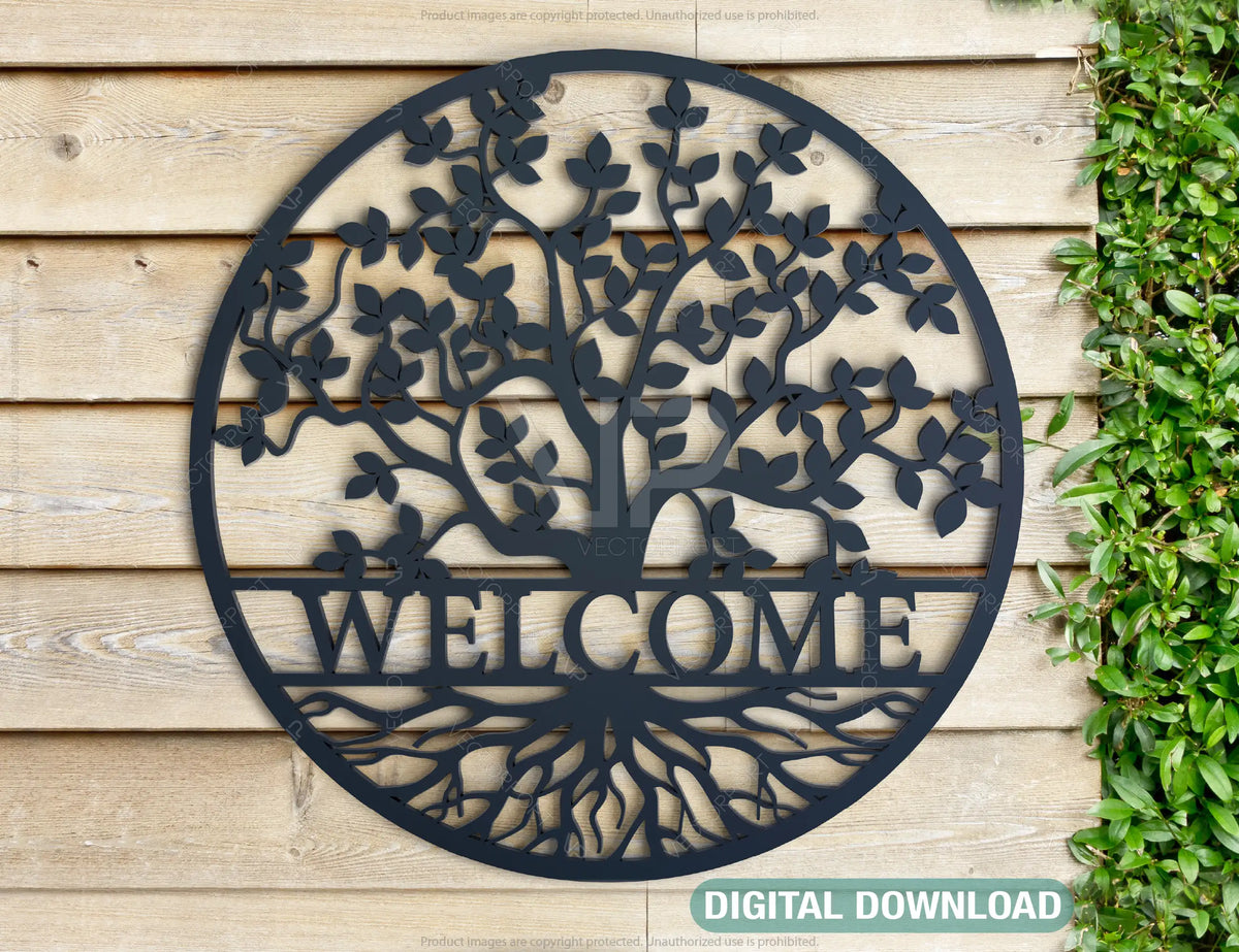 Round Tree with leaves Split Monogram Name Sign Letters | SVG, DXF, AI |#033|