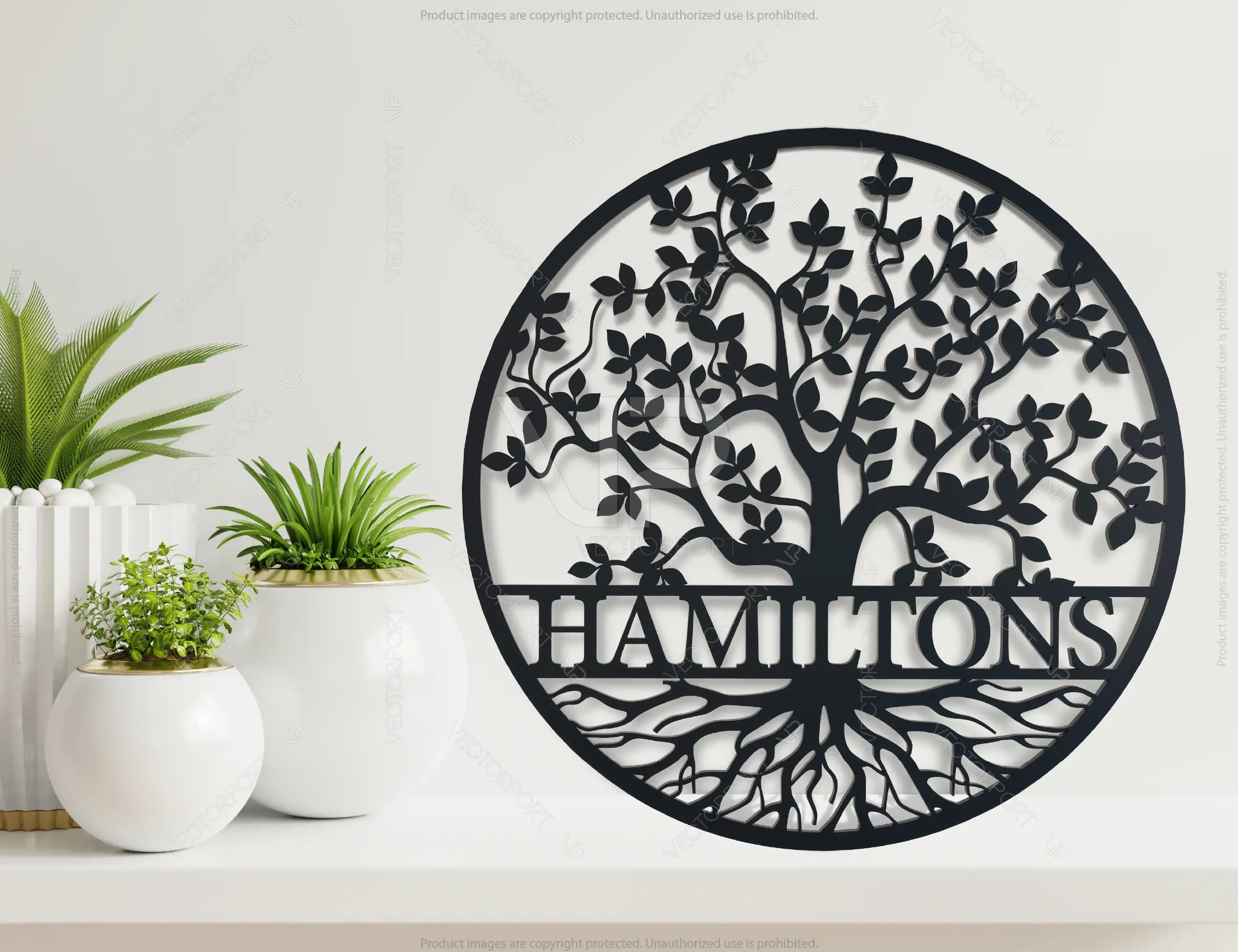 Round Tree with leaves Split Monogram Name Sign Letters | SVG, DXF, AI |#033|