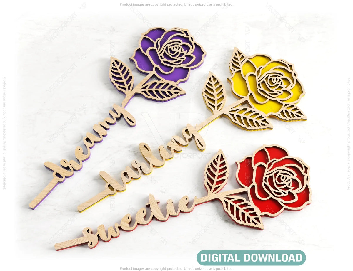 Rose Laser Personalized Cut Out Art Valentine Day Acrylic wood Flower with name editable Cut Files |#U035|