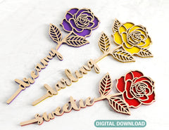 Rose Laser Personalized Cut Out Art Valentine Day Acrylic wood Flower with name editable Cut Files |#U035|