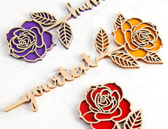 Rose Laser Personalized Cut Out Art Valentine Day Acrylic wood Flower with name editable Cut Files |#U035|
