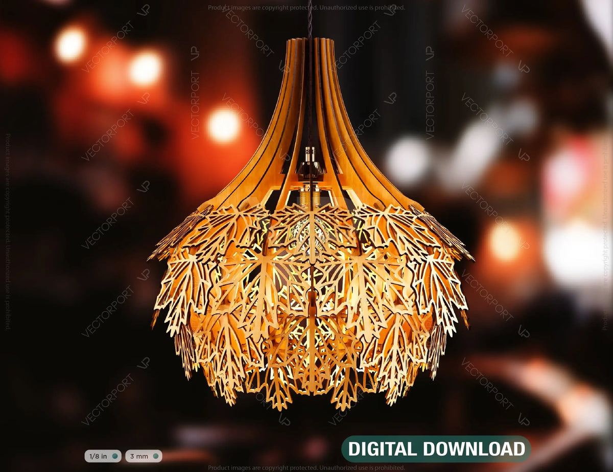 Maple leaves Hanging wooden chandelier lamp shade Pendant light template svg laser cut plywood Cut Files |#U036|