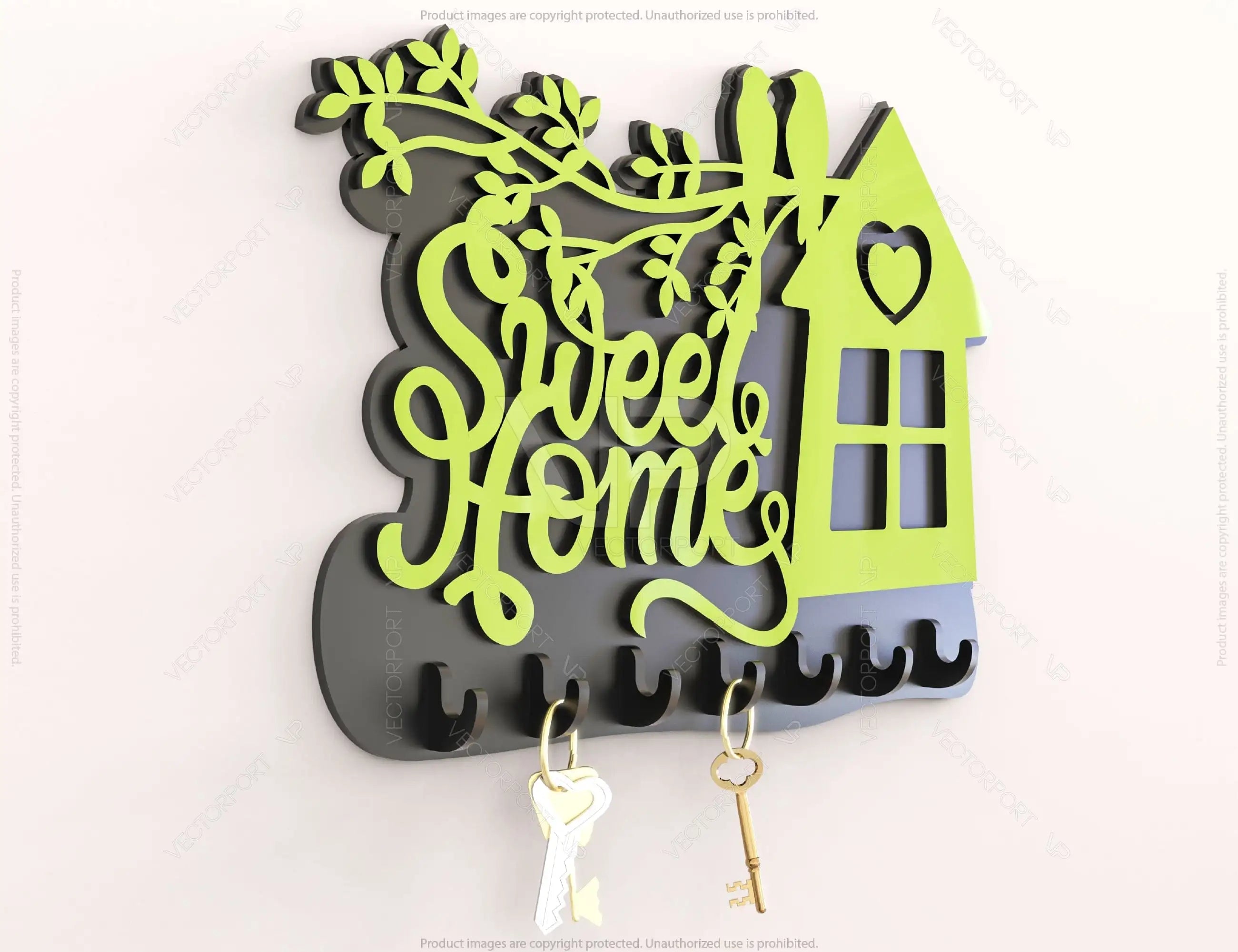 Laser Cut Key Holder Wall Mounted Decorative Hanger Love Birds Tree branch Sweet Home template plywood Cut Files |#U039|