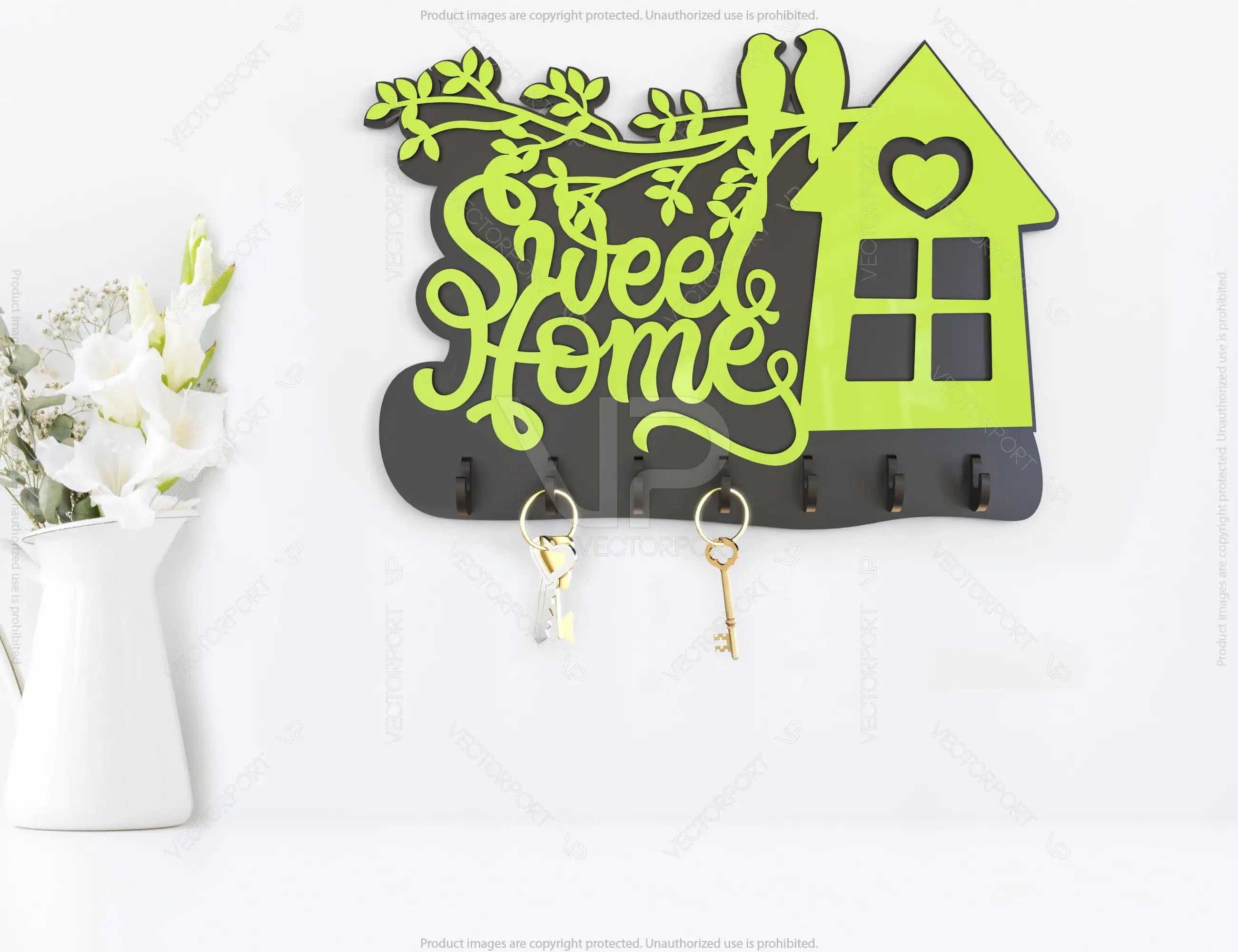 Laser Cut Key Holder Wall Mounted Decorative Hanger Love Birds Tree branch Sweet Home template plywood Cut Files |#U039|