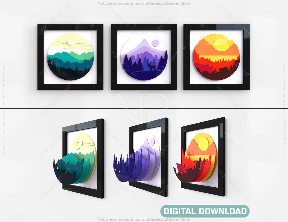 Mountains landscape multilayer shadow box Painting Frame Wall Decoration | SVG, DXF, AI |#043|