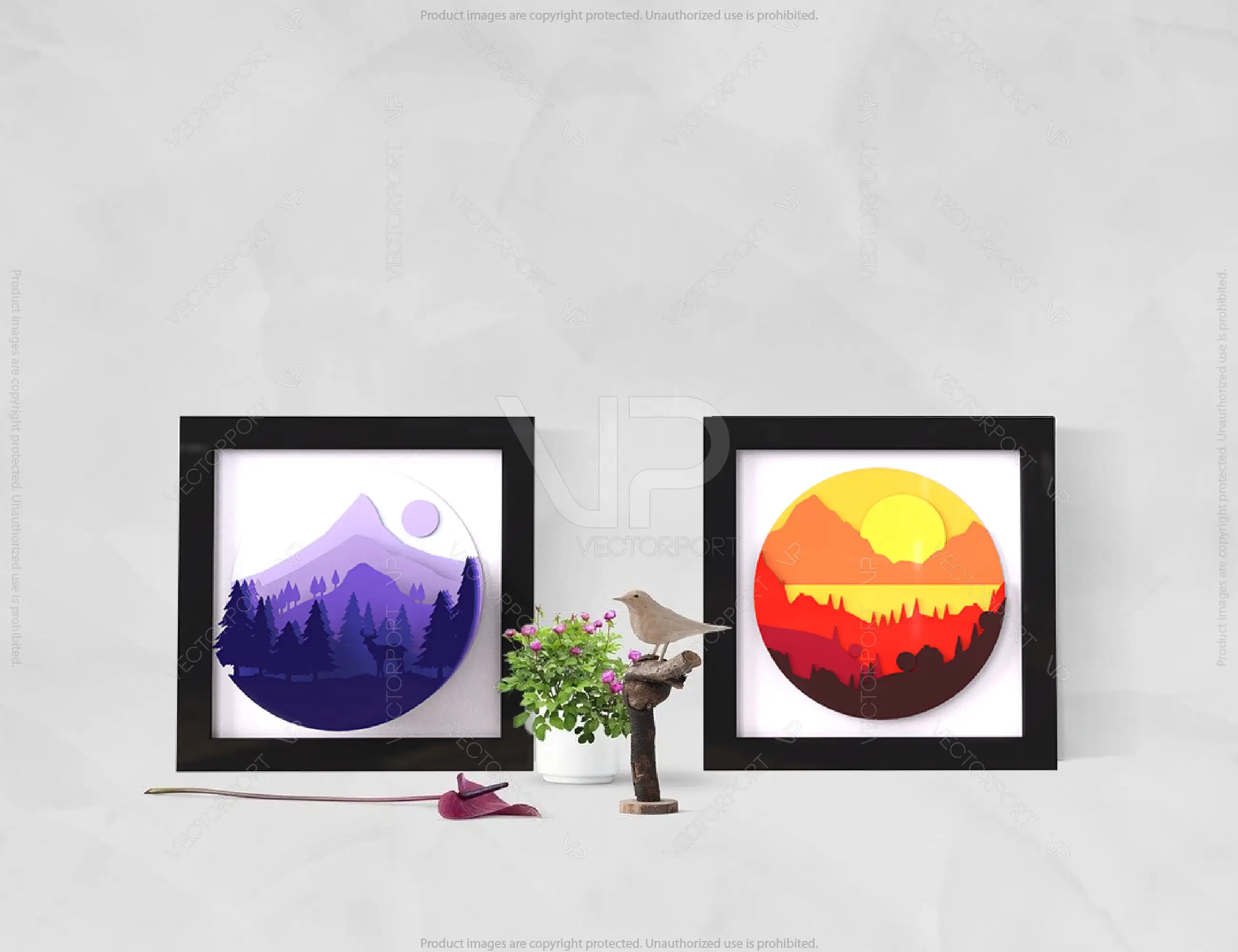 Mountains landscape multilayer shadow box Painting Frame Wall Decoration | SVG, DXF, AI |#043|