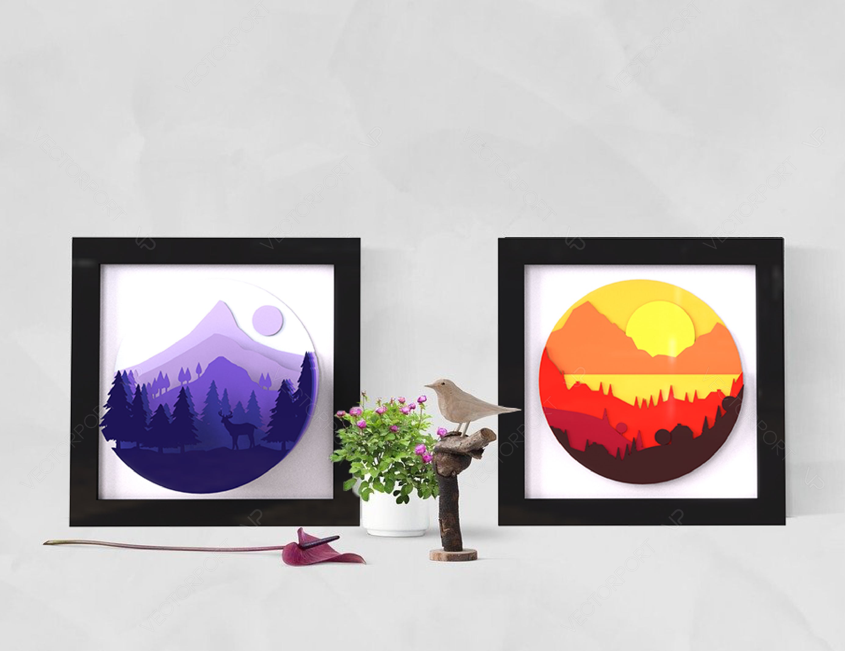 Mountains landscape multilayer shadow box Painting Frame Wall Decoration | SVG, DXF, AI |#043|