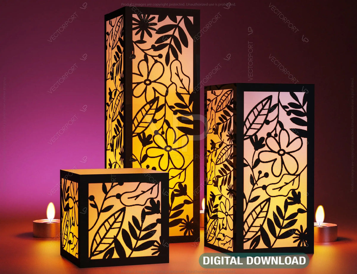 Papercut Floral Lantern Candle Holder SVG Laser Cut Lamp Tea light template Files |#U044|