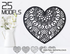 Modern doodle heart shape mandala art design 25 different | SVG, DXF, AI |#049|