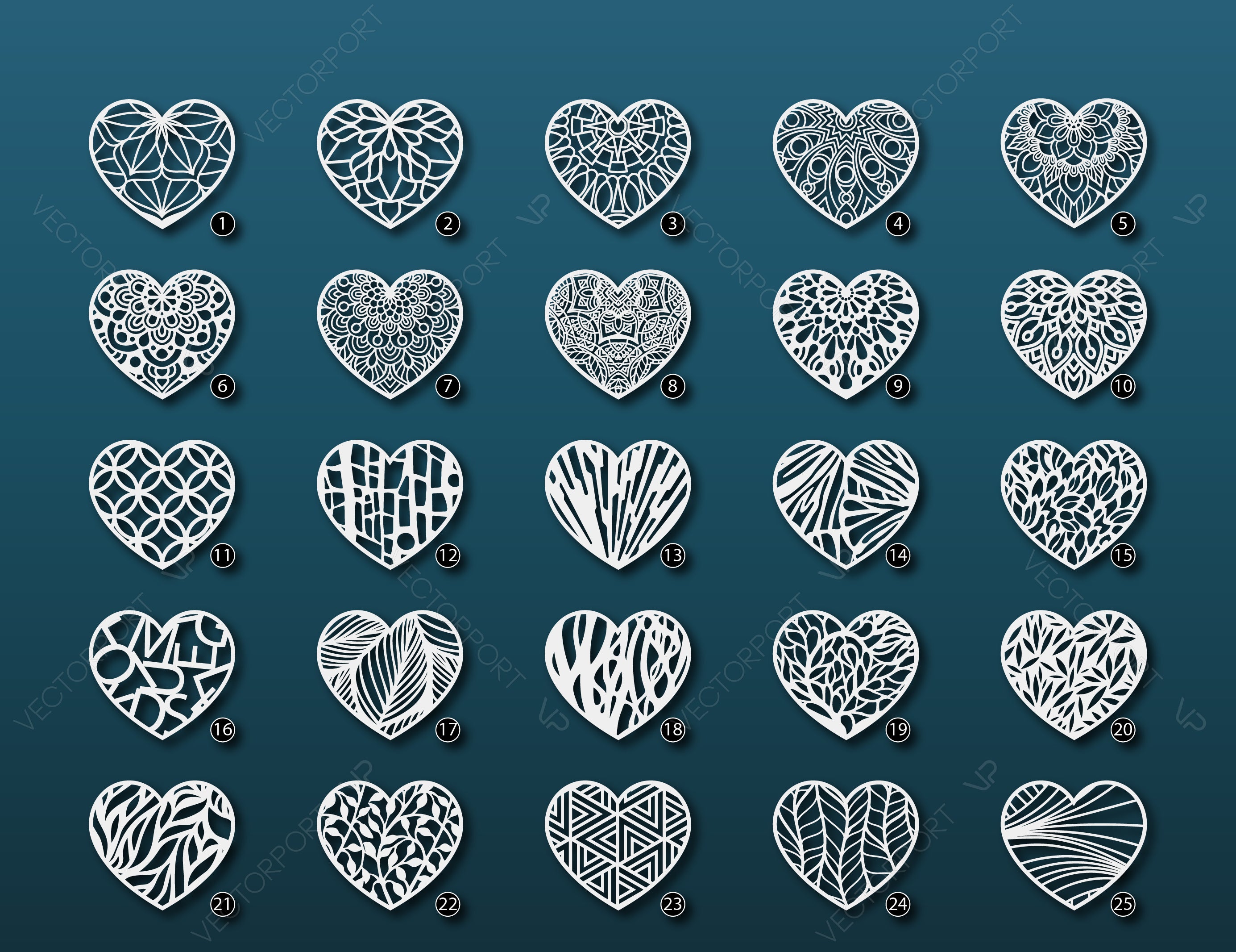 Modern doodle heart shape mandala art design 25 different | SVG, DXF, AI |#049|