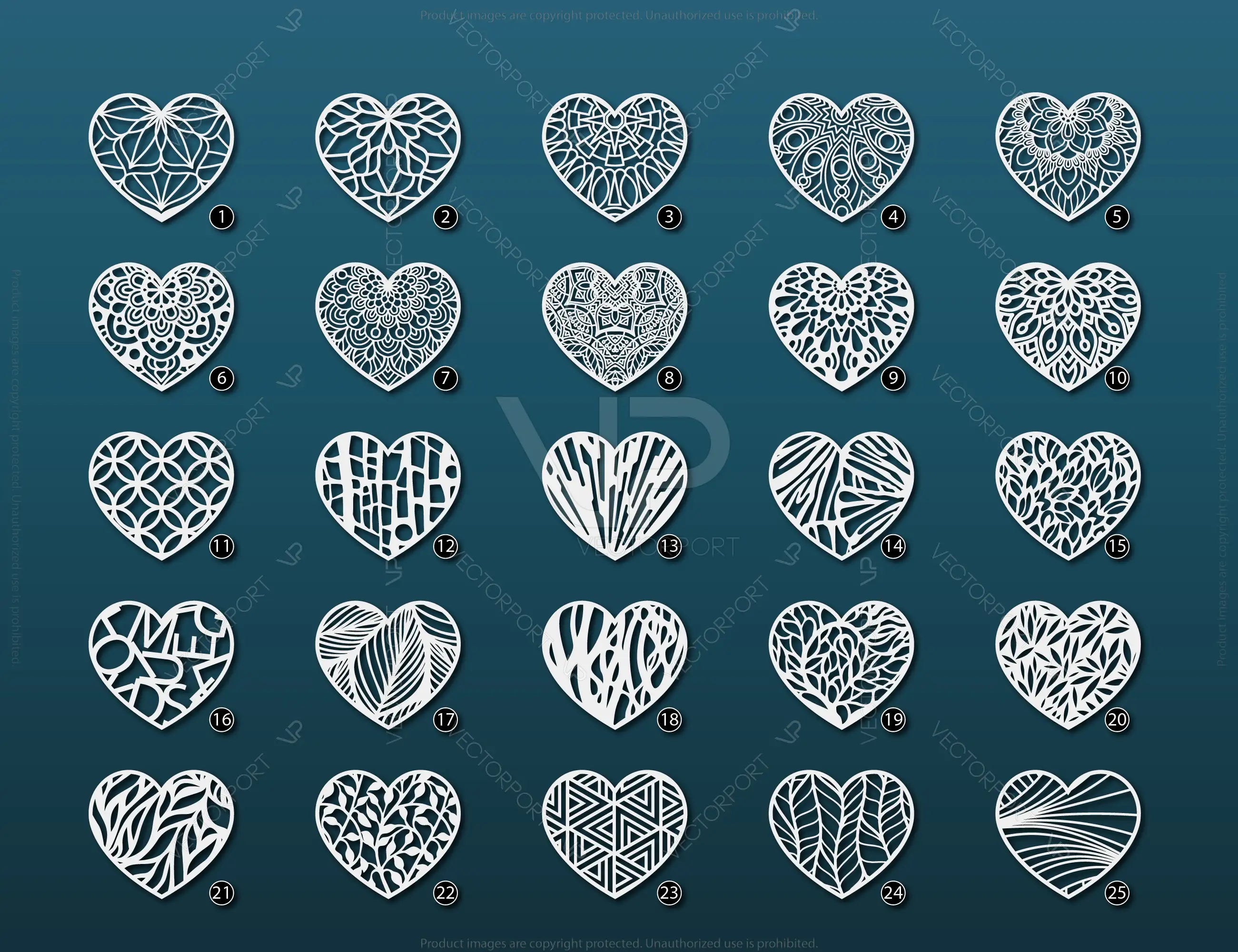 Modern doodle heart shape mandala art design 25 different | SVG, DXF, AI |#049|