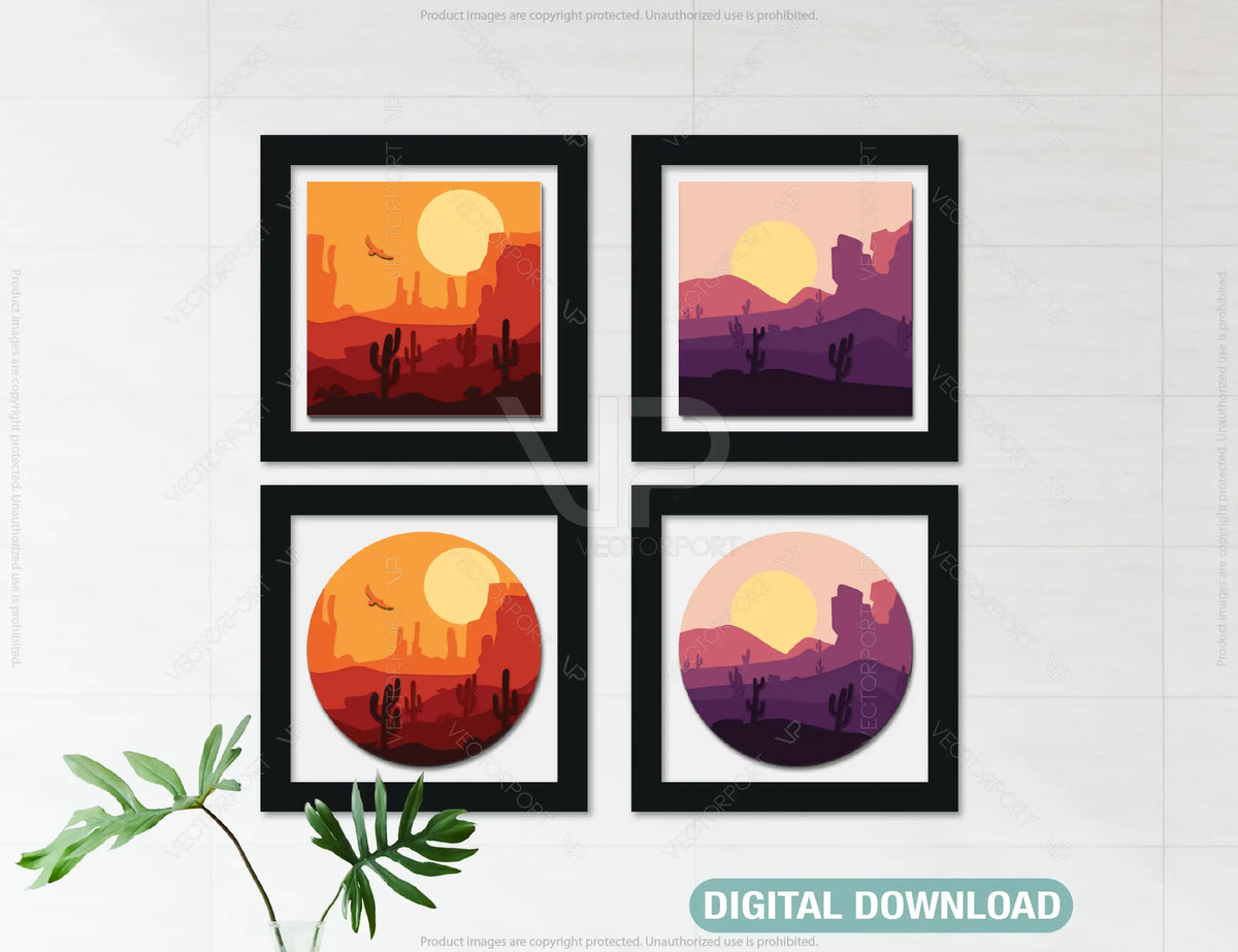 Multi layered Mountains and desert dunes shadow box landscape Frame Wall | SVG, DXF, AI |#050|