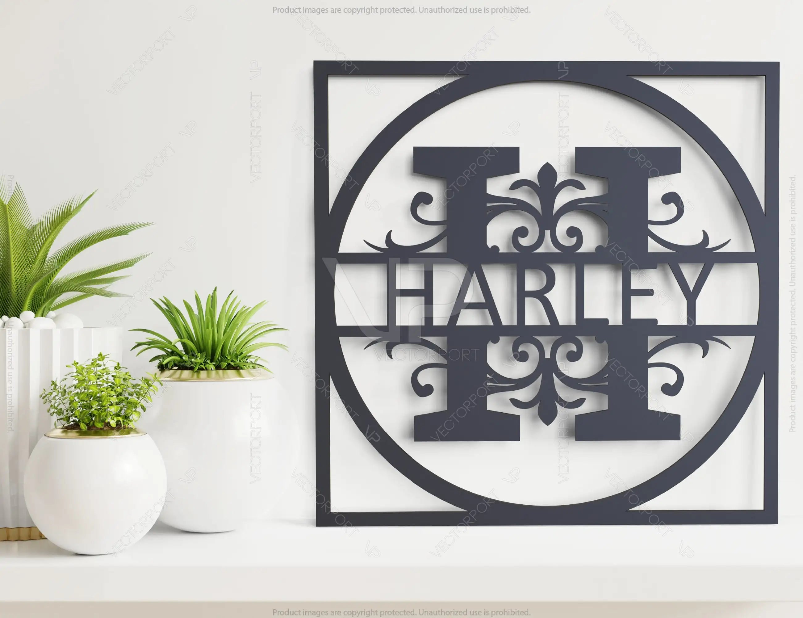 Round with Frame Split Monogram Sign Flowers Letters | SVG, DXF, AI |#051|