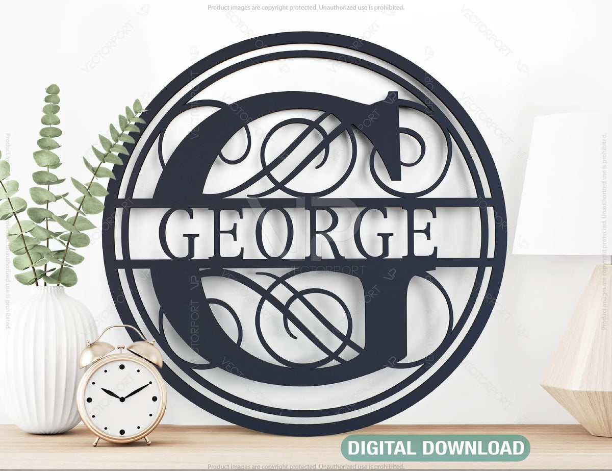 Round with Frame Split Monogram Sign Flowers Letters | SVG, DXF, AI |#052|