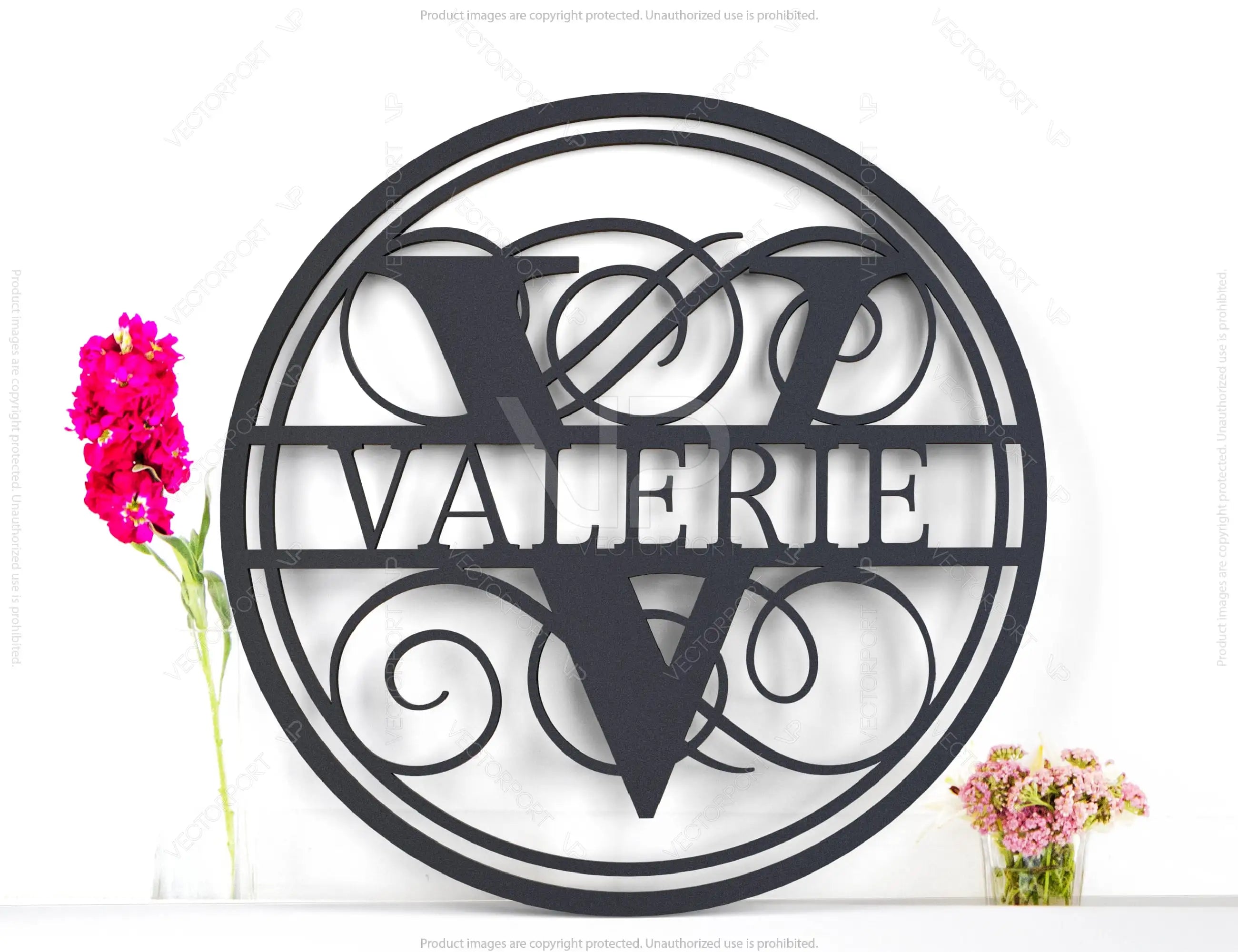 Round with Frame Split Monogram Sign Flowers Letters | SVG, DXF, AI |#052|