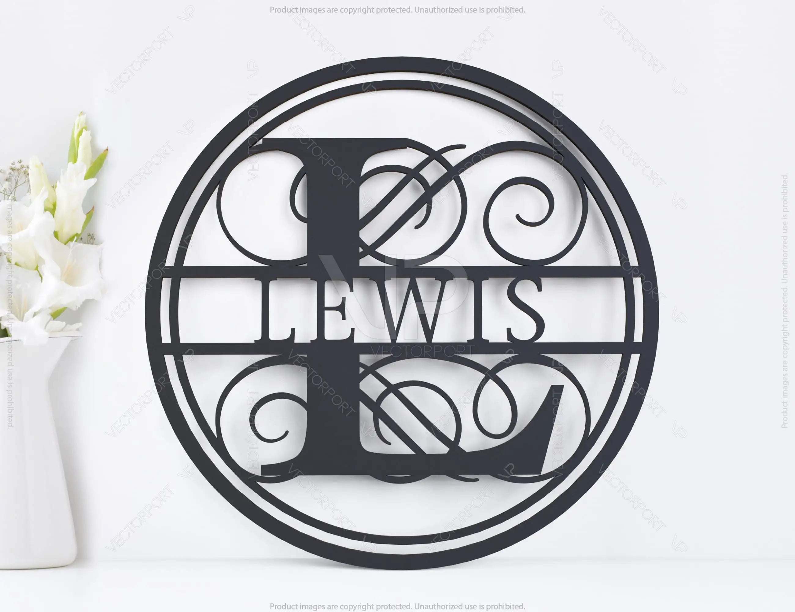 Round with Frame Split Monogram Sign Flowers Letters | SVG, DXF, AI |#052|