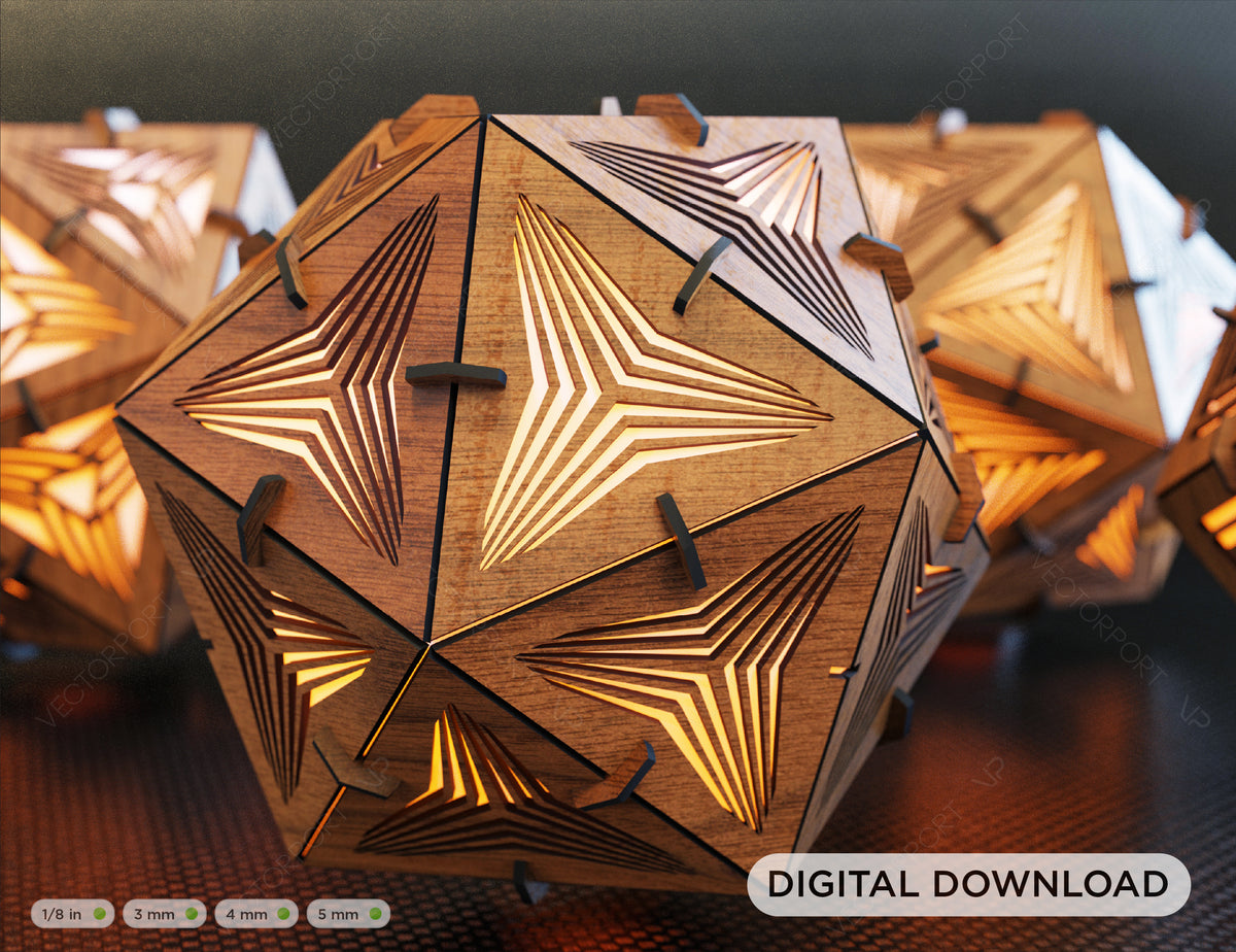 Icosahedron 4 different lasercut wood triangle shadow lamp Tea light Lantern Votive Gift | SVG, DXF, AI |#060|
