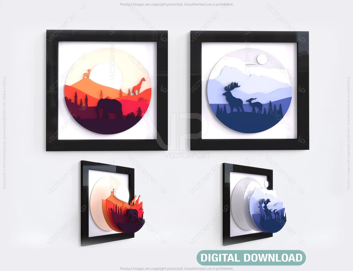 Mountains Deer Elephant animals landscape multilayer shadow box Painting Frame Wall Decoration SVG |#U067|