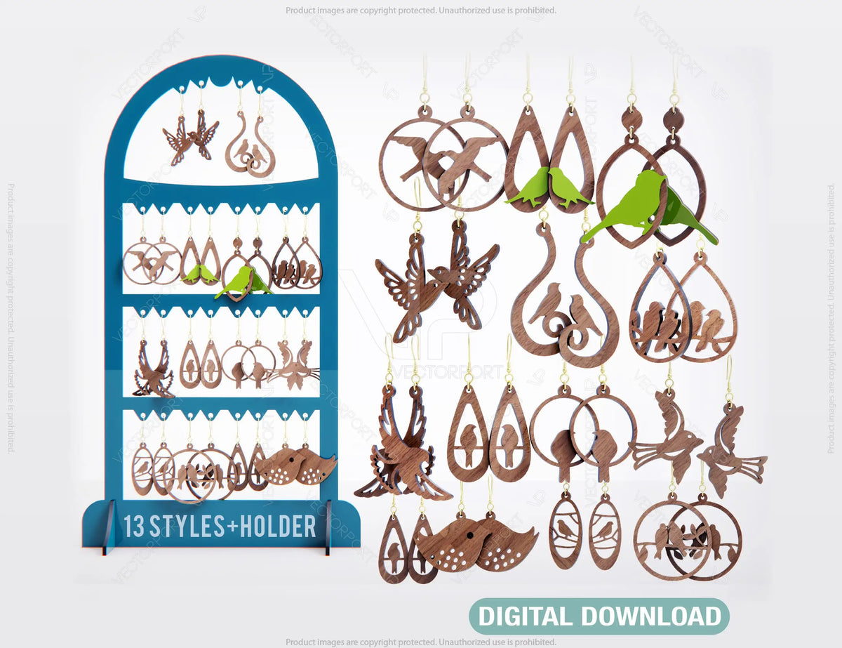 Bird Earring Svg 13 styles Glowforge Cricut Jewelry Pendants laser cut | SVG, DXF, AI |#069|