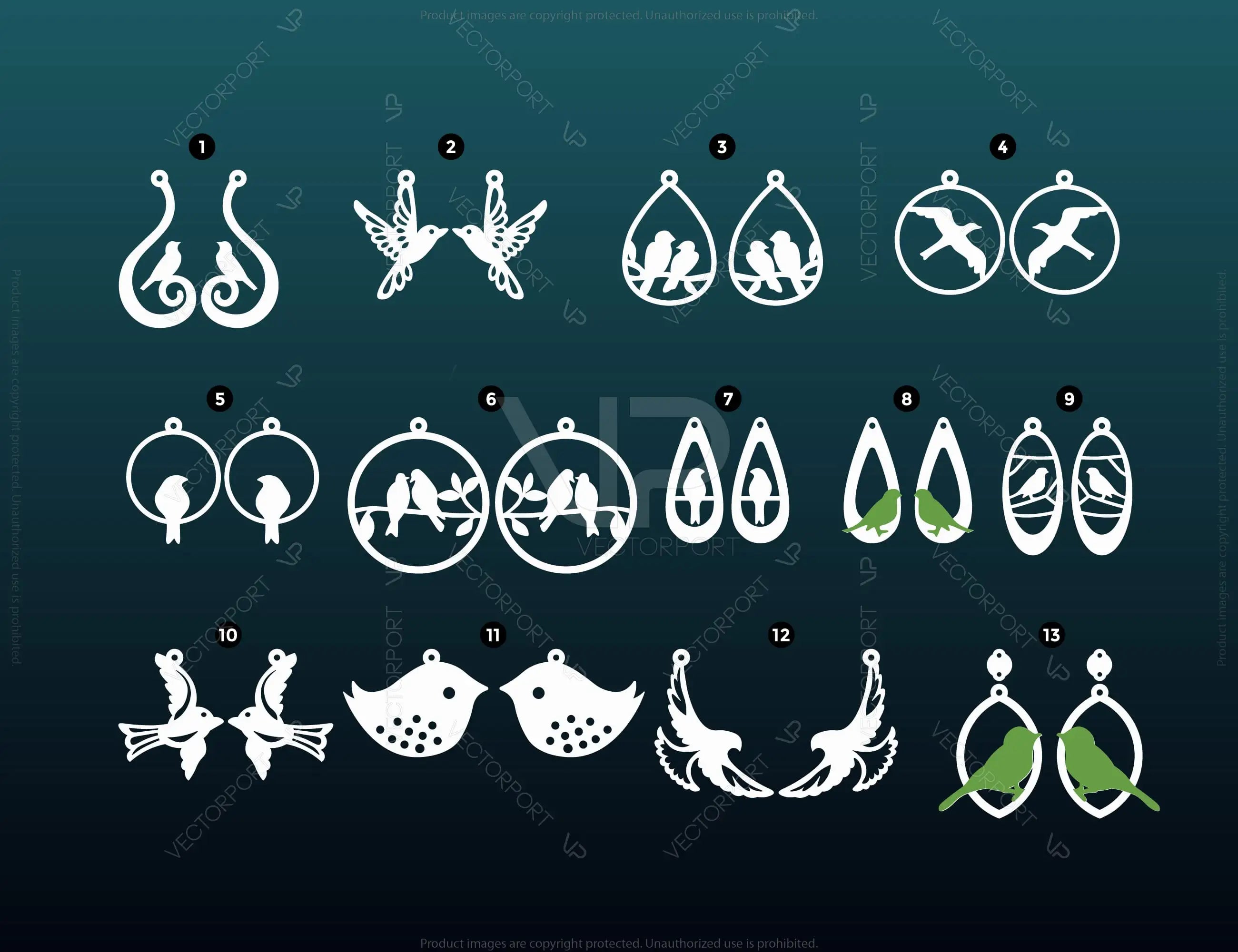 Bird Earring Svg 13 styles Glowforge Cricut Jewelry Pendants laser cut | SVG, DXF, AI |#069|