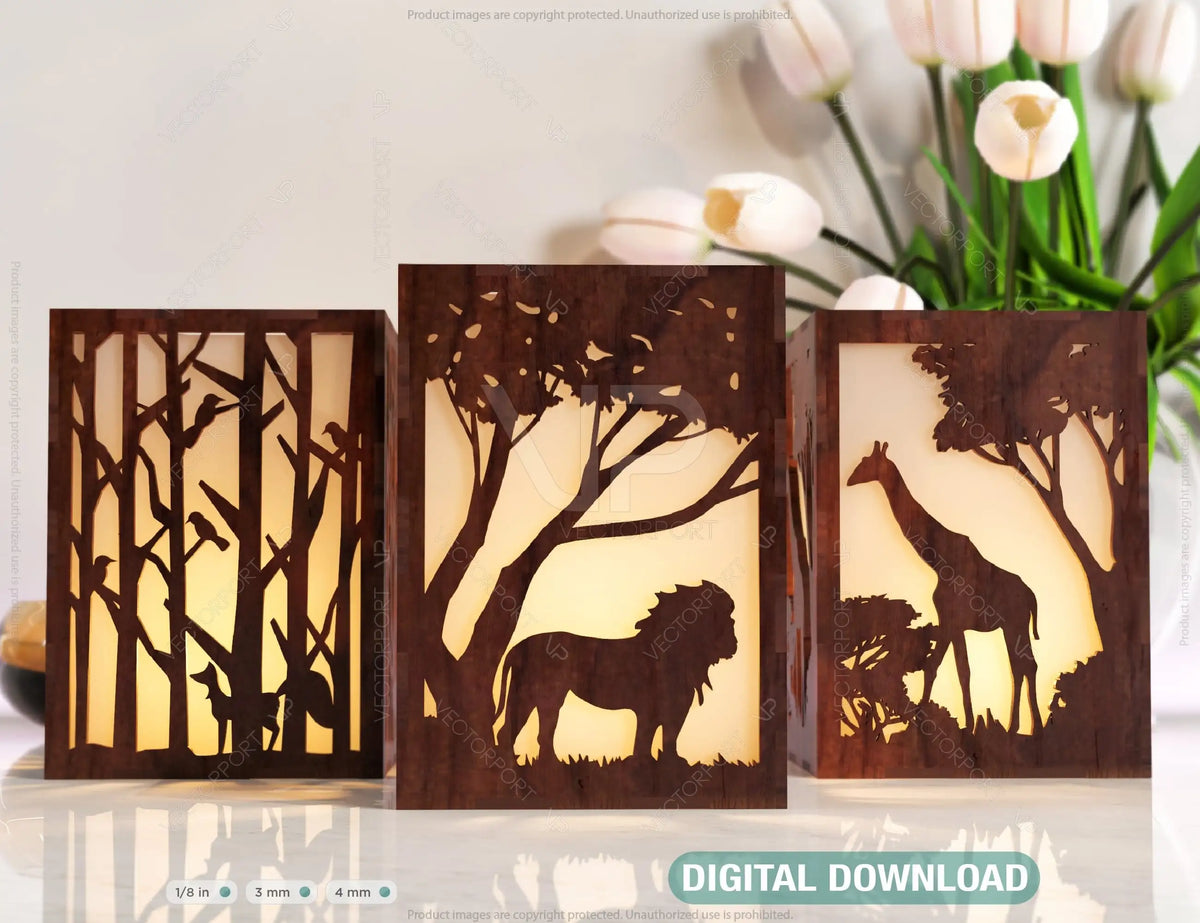 Animals Tree Candle Holder Laser Cut with Lion Fox Giraffe Lamp wood Tea light Lantern Votive Gift SVG |#U073|