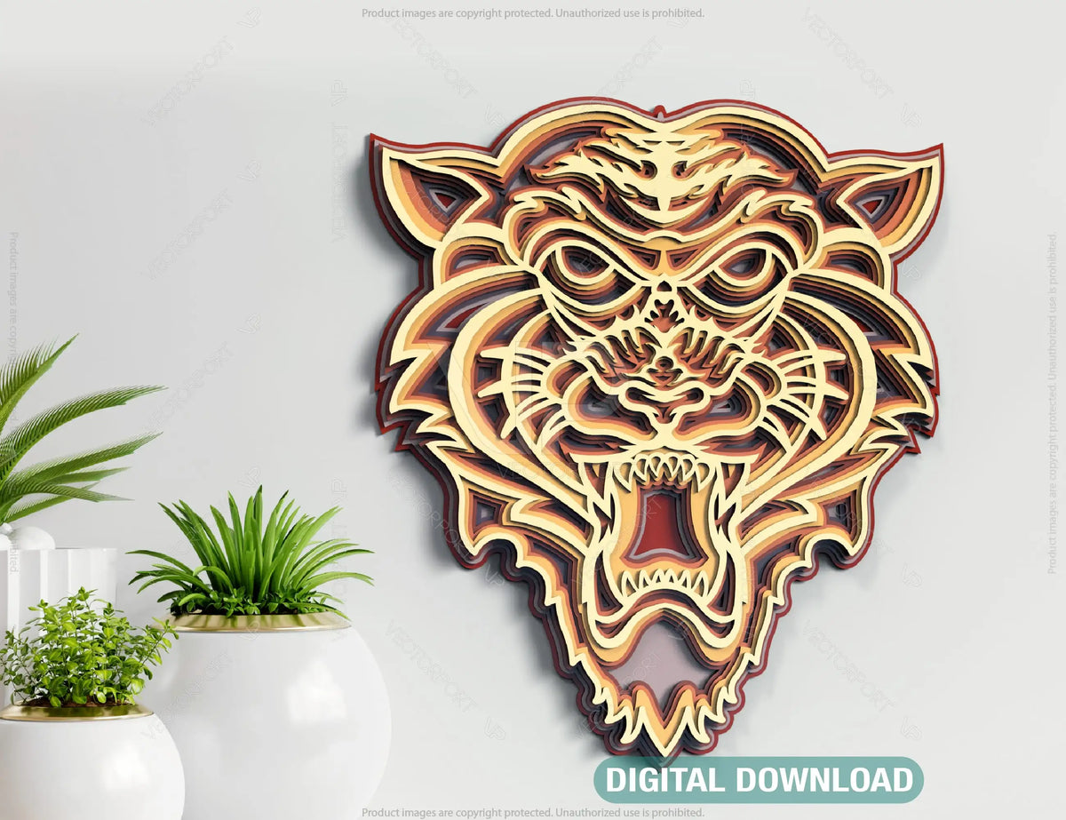 Tiger Multilayer Panel Mandala svg for Laser Cutting layered Wall Decor | SVG, DXF, AI |#074|